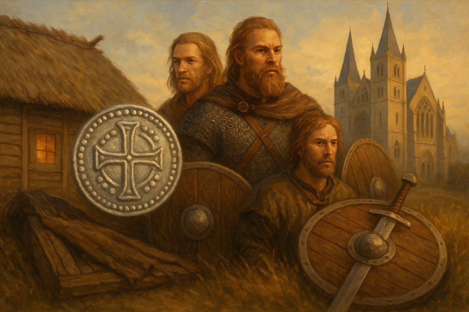 Symbolische Szene zum Erbe der Wikinger in Städten, Namen und Erzählungen