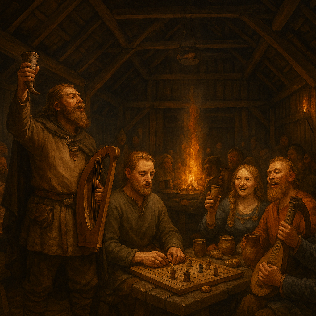 Wikinger bei einem Gelage mit Musik und Getränken im Langhaus