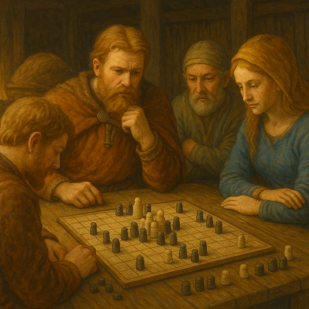 Wikingergruppe beim Hnefatafl-Spiel an einem Tisch