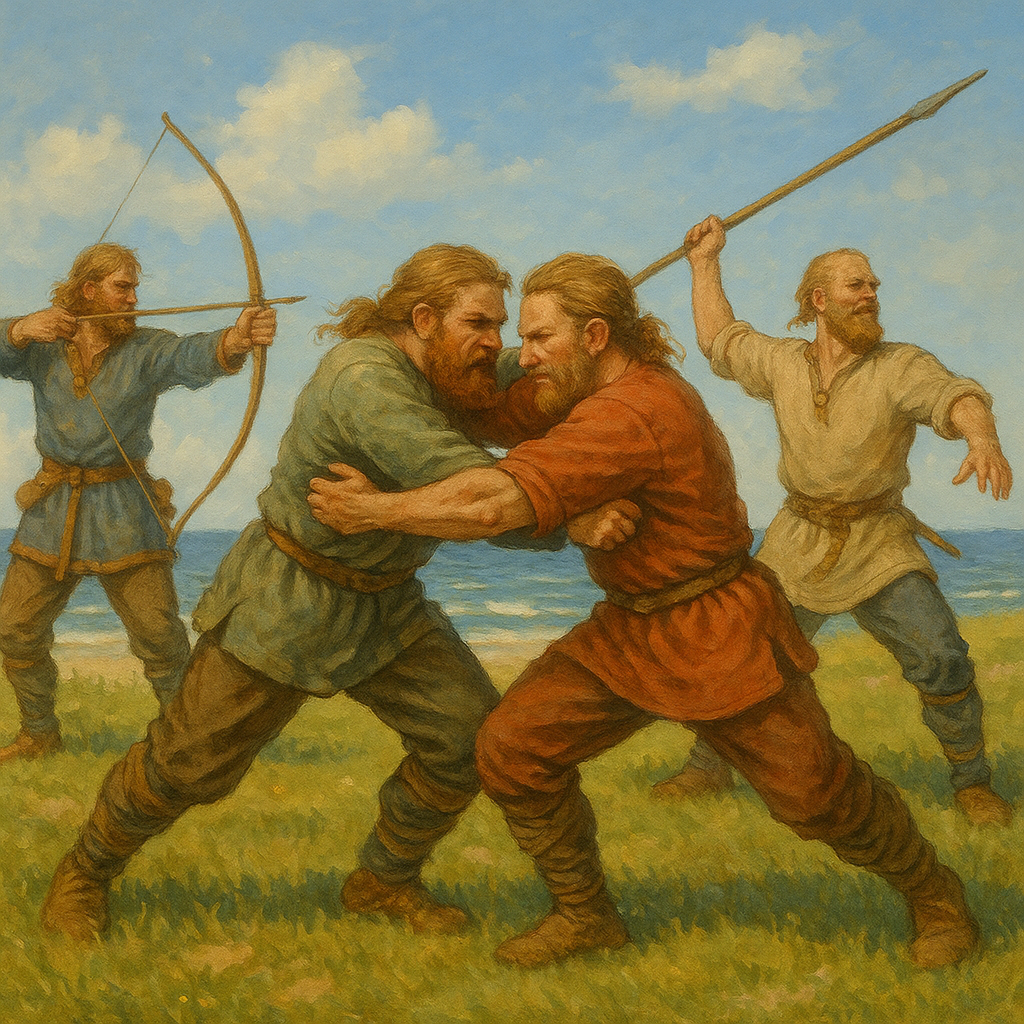 Wikinger bei körperlichen Wettkämpfen wie Ringkampf und Axtwurf