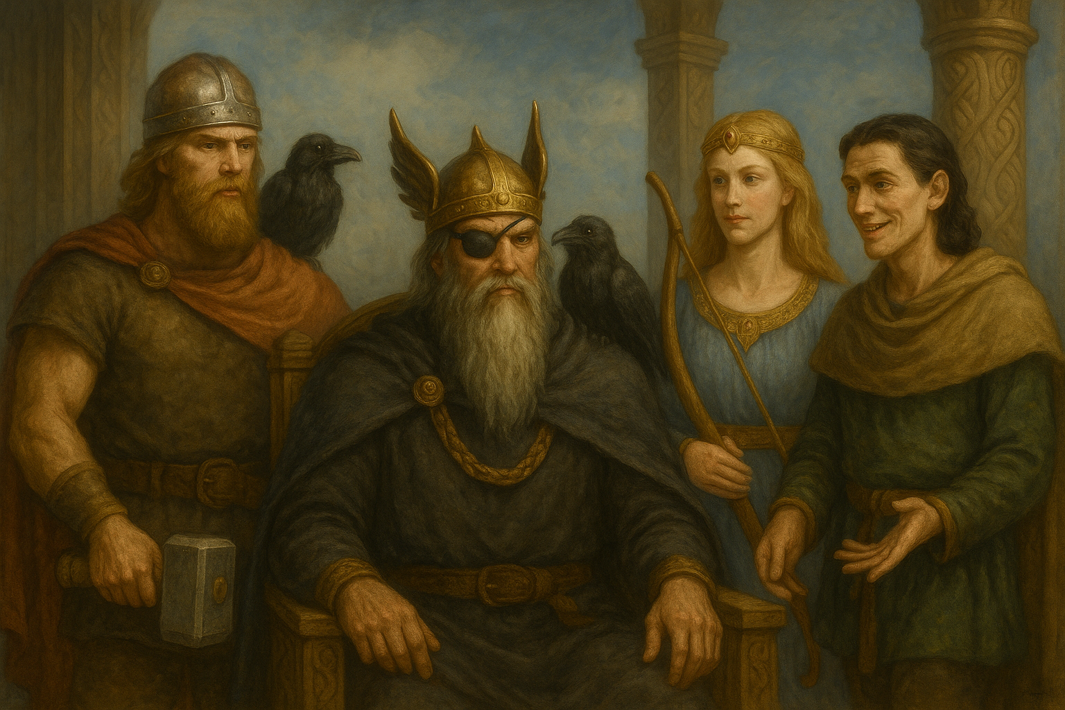 Darstellung von Odin mit Raben, Thor mit Hammer, Freyja und Loki