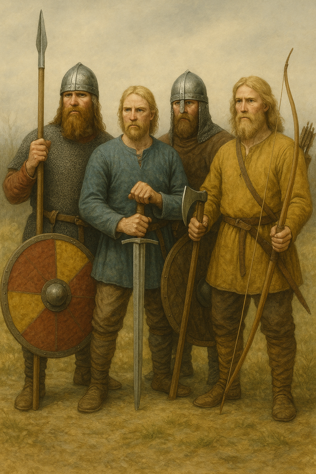 Wikingerwaffen wie Schwert, Axt, Speer und Schild