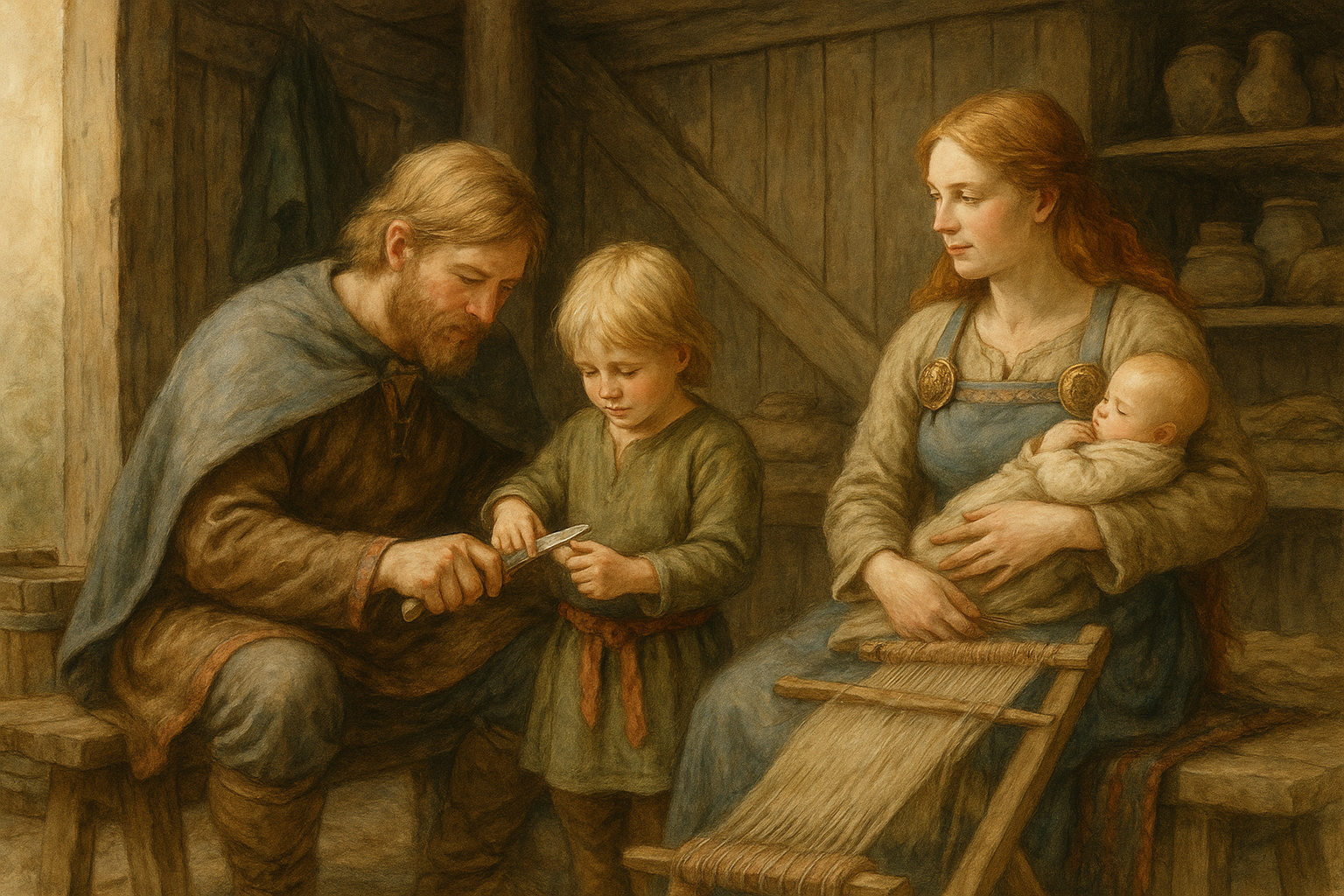 Wikingerfamilie im Langhaus in einer Alltagsszene