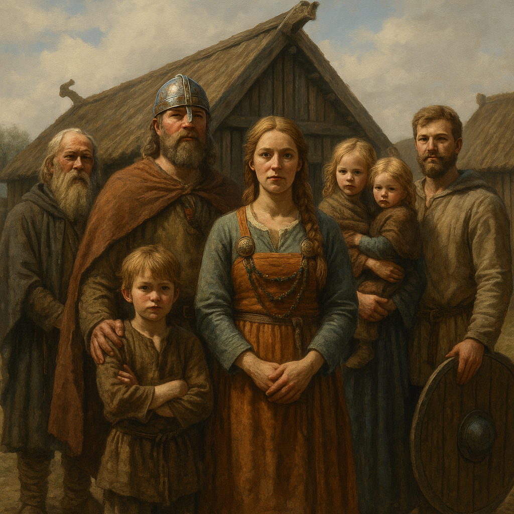 Symbolische Wikinger-Gemeinschaftsszene vor einem Langhaus