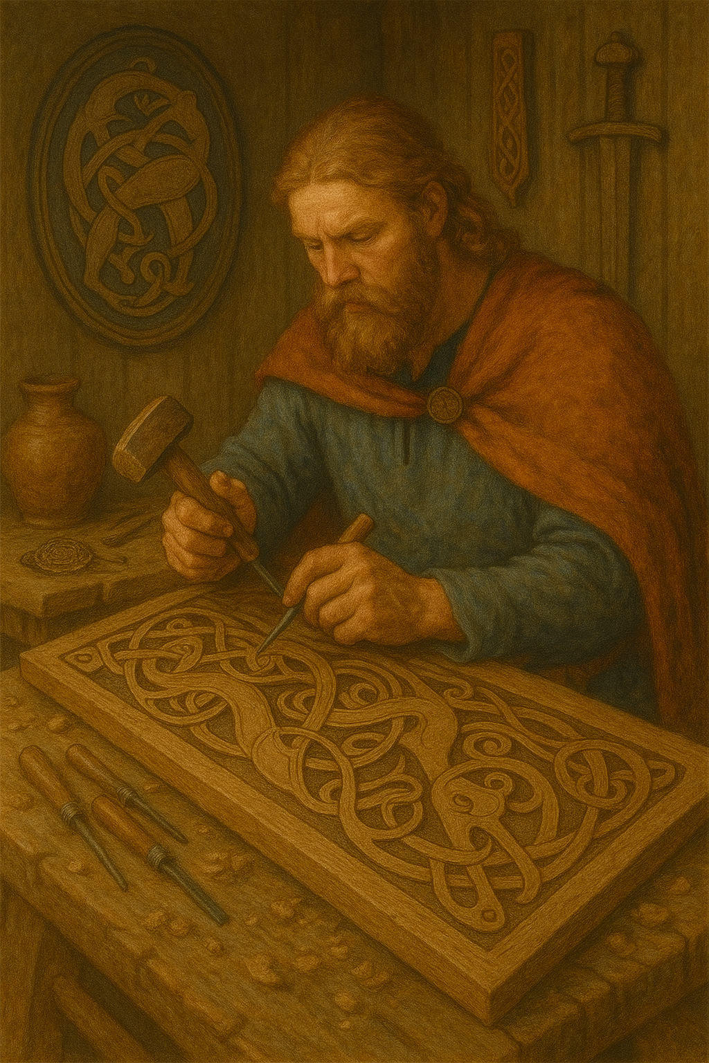 Nordische Kunsthandwerker gravieren Metall und Holz im Tierstil