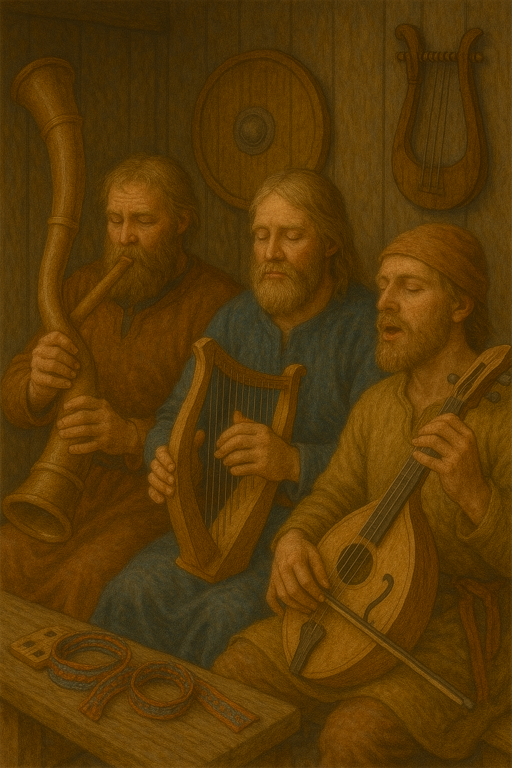 Wikinger spielen Leier, Horn und Flöte in heller Szene