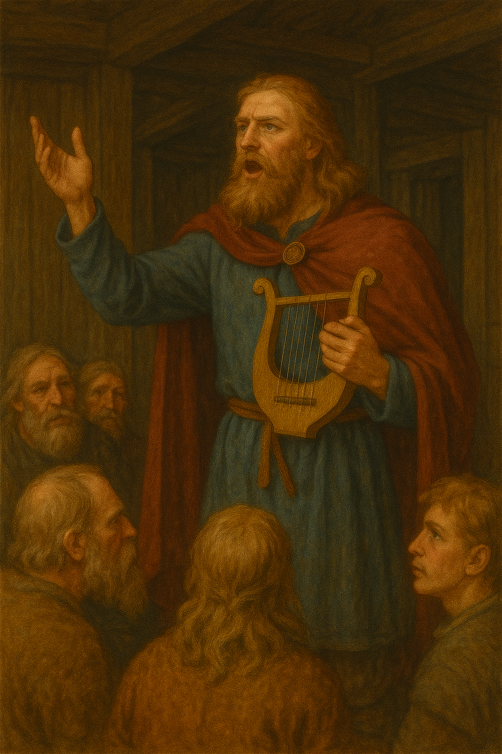 Wikingerpoet Skalde trägt Verse vor einer Gruppe vor