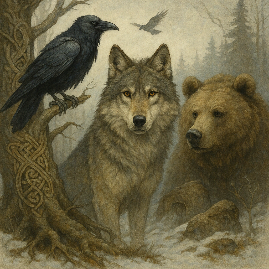 Rabe, Wolf und Bär in nordischer Landschaft als mythische Tiere
