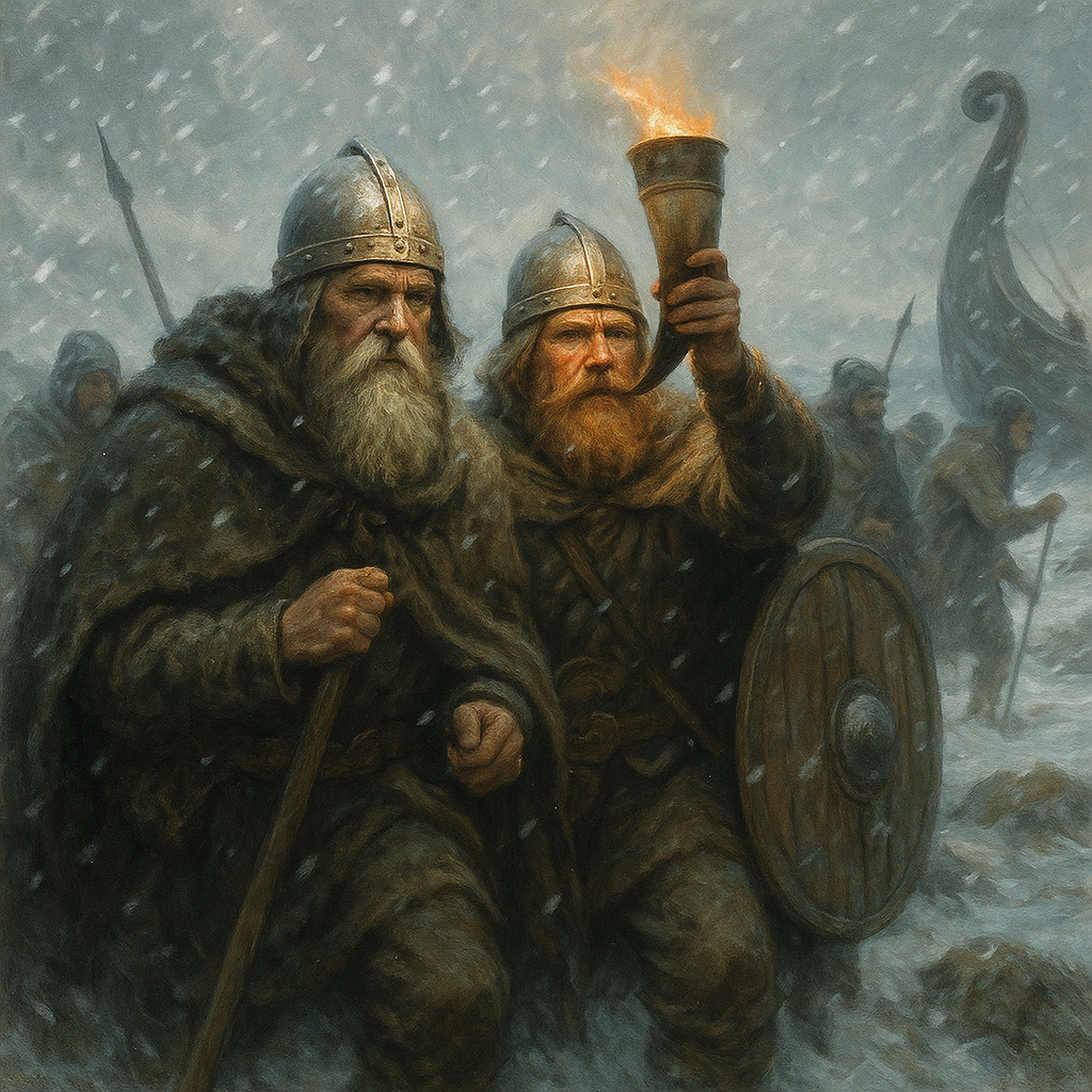 Wikingerhof im Sturm mit Regen, Wind und arbeitenden Menschen